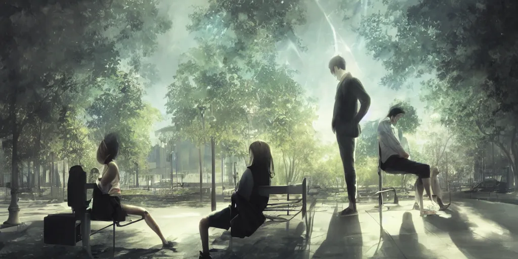 Prompt: a couple of people that are sitting on a bench, a computer rendering by Ryohei Hase, pixiv contest winner, holography, multiple exposure, pixiv, anamorphic lens flare