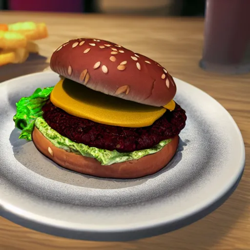 Image similar to A photo of a hamburger in a plate, ultra realistic, very detailed, 8K, mc donalds, french fries,