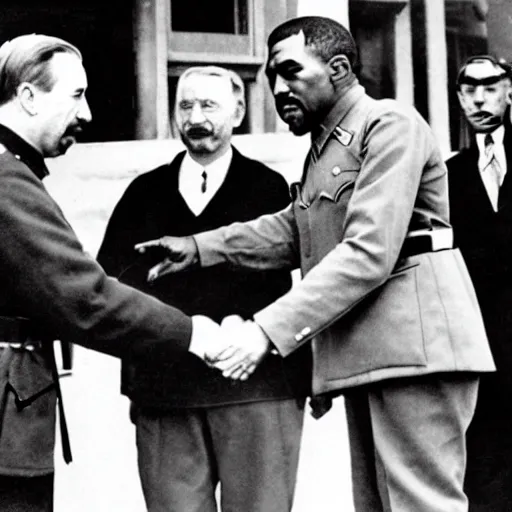 Prompt: an old world war 2 photograph of stalin shaking hands with kanye west