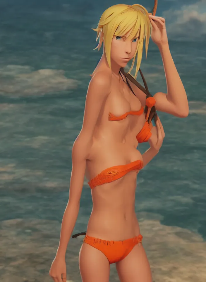 Image similar to beautiful blond woman in orange tribal bikini, blond hair pulled back off the face, green eyes, by makoto shinkai, 8 k, high resolution render, cinematic, unreal engine, clean lineart and flat color,
