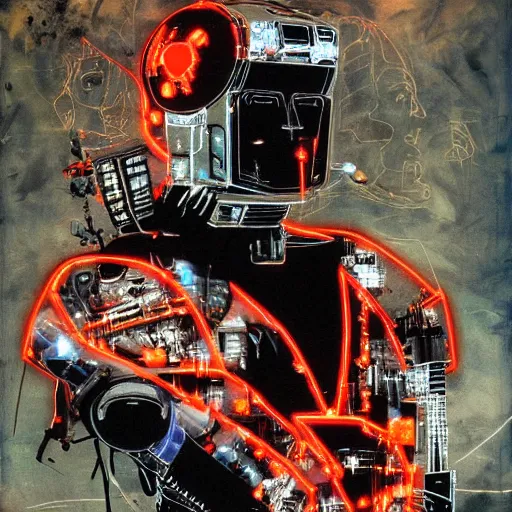 Image similar to the fullmetal neon robot sirius has a kernel without memory nor feelings, lights shaped like eyes on his chest, he believes he is a god, oil on canvas by dave mckean and yoji shinkawa