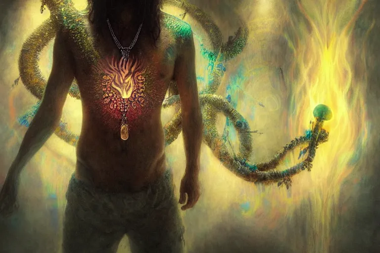 Image similar to psychedelic shaman with trinket necklace, epic angle and pose, reflective pool, symmetrical artwork, ayahuasca, translucent, fungus, energy flows of water and fire, highly detailed, epic cinematic concept art, excellent composition, dystopian brutalist atmosphere, dynamic dramatic lighting, aesthetic, very inspirational, arthouse, Greg Rutkowski, Artgerm