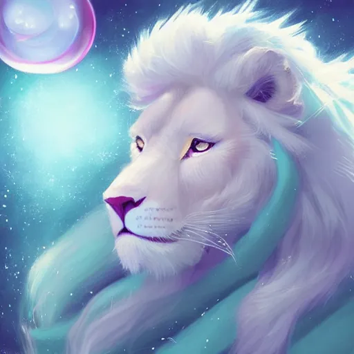 Image similar to aesthetic portrait commission of a albino male furry anthro lion surrounded by floating bubbles and floating puffy clouds while wearing a cute mint colored cozy soft pastel winter outfit with shiny pearls on it, winter Atmosphere. Character design by charlie bowater, ross tran, artgerm, and makoto shinkai, detailed, inked, western comic book art, 2021 award winning painting
