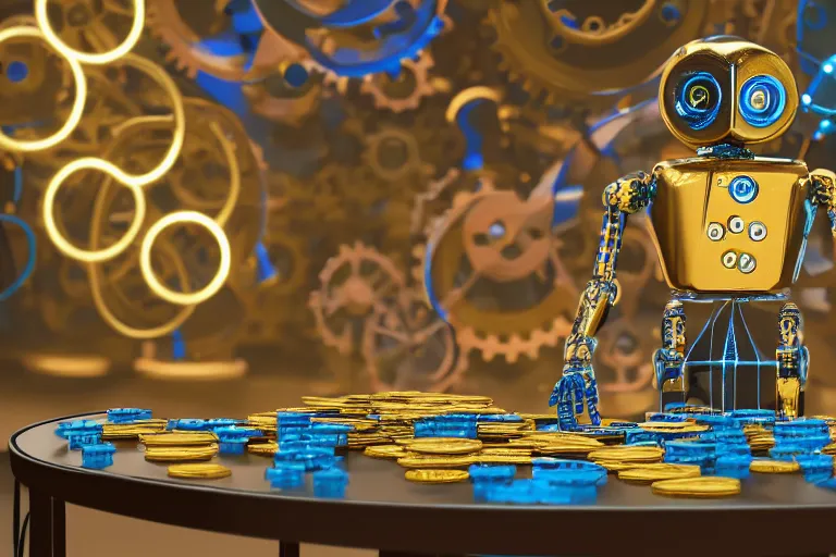 Prompt: photo of a golden and blue metal steampunk office robot with gears and tubes sitting in a modern office, on the office table and floor is a mountain of money bills, eyes are glowing red lightbulbs, shiny crisp finish, 3 d render, 8 k, insaneley detailed, fluorescent colors, background is multicolored lasershow