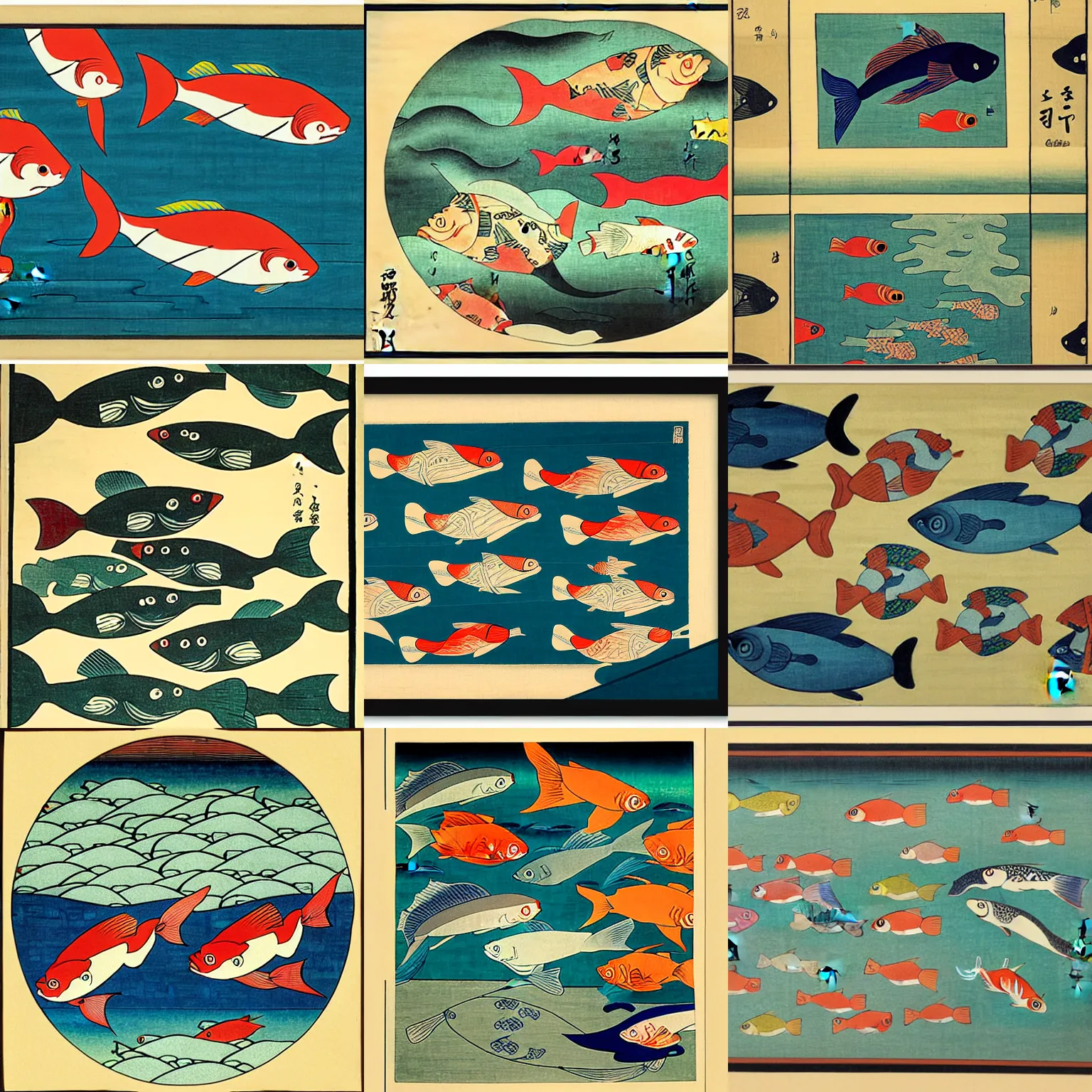 Prompt: fishes swimming as time series charts, in a dashboard, diego rivera in ukiyo - e style