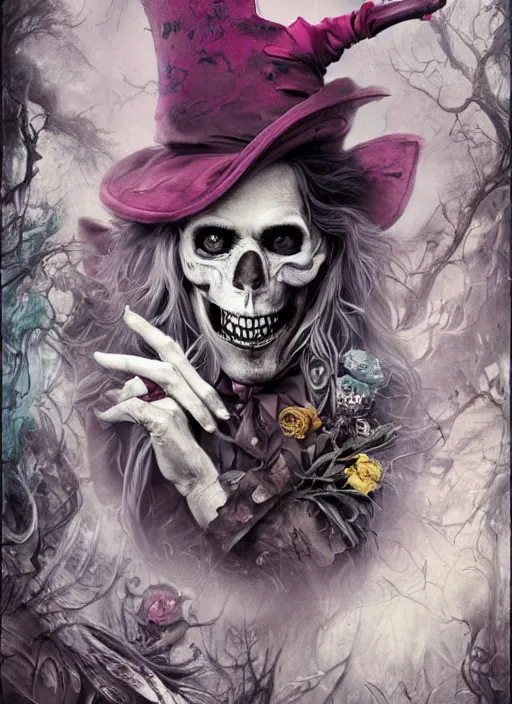 Image similar to Alice in Wonderland Mad Hatter Death Tarot card,highly detailed,half skull face,cinematic,8k,by Stanley Artgermm,Tom Bagshaw,Greg Rutkowski,Carne Griffiths, Ayami Kojima, Beksinski, Giger,Anne Stokes, Benjamin Lacombe,trending on DeviantArt,hyper detailed,horror, full of colour