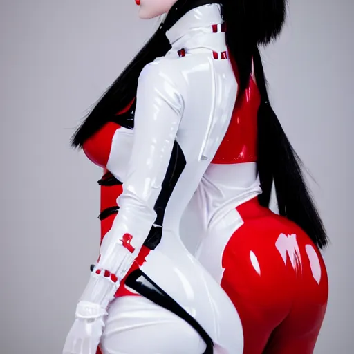 Prompt: very detailed full-length back photo of European anime cosplayer girl wearing white and red latex costume, studio photo, anatomically correct, pretty face, fine-face, smooth, sharp focus, UHD, 8k