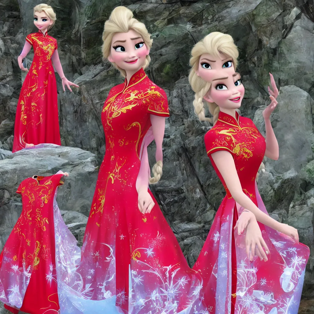 Prompt: elsa is wearing a chinese red cheongsam, frozen, disney style.