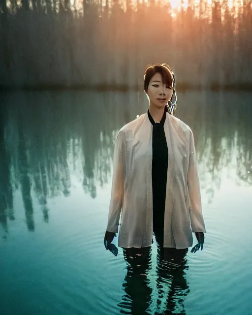 Prompt: beautiful centered photo portrait of hoyeon jung as a solarpunk robotic humanoid with white mechanical parts with bright halogen lights, walking through calm lake water, ultra - realistic and detailed, foggy background, sunset lighting, soft focus, slow exposure hdr 8 k