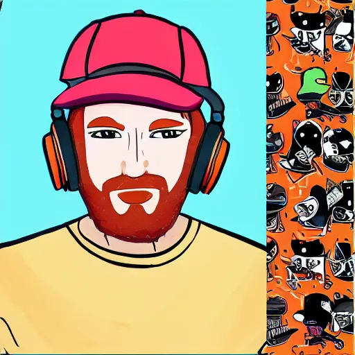 Image similar to streamer on twitch with black hat, stubble, ginger hair, orange hair, black cap, stubbles, red headphones, in the style of jeremiah ketner, art