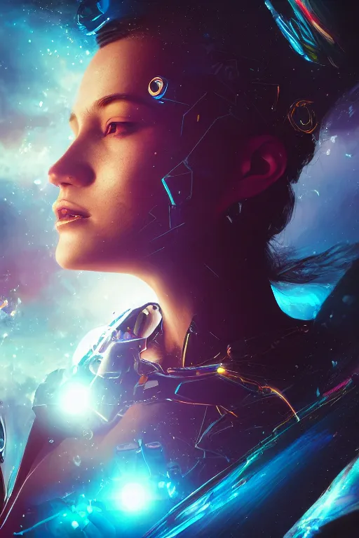 Image similar to portrait woman cyborg floating in space letting go of reality and experiencing the quantum feild, matte painting comic book art, cinematic, highly detailed, realistic, beautiful cosmic neural network, octane render, unreal engine, depth of field, trending on artstation, sharp focus, philosophical splashes of colors