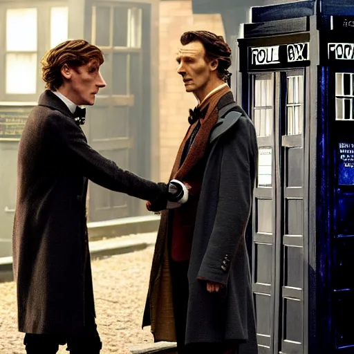 Image similar to the 1 1 th doctor from doctor who meeting sherlock holmes from sherlock in the tardis of the 1 1 th doctor