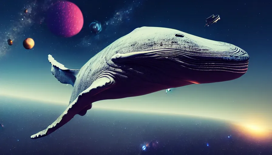 Image similar to highly detailed cinematic scifi render of a flying whale over the tuscany skies, cypresses and hills, stars and planets, hyper detailed, digital art, led lighting, studio quality, smooth render, unreal engine 5, octane render, trending on artstaion.