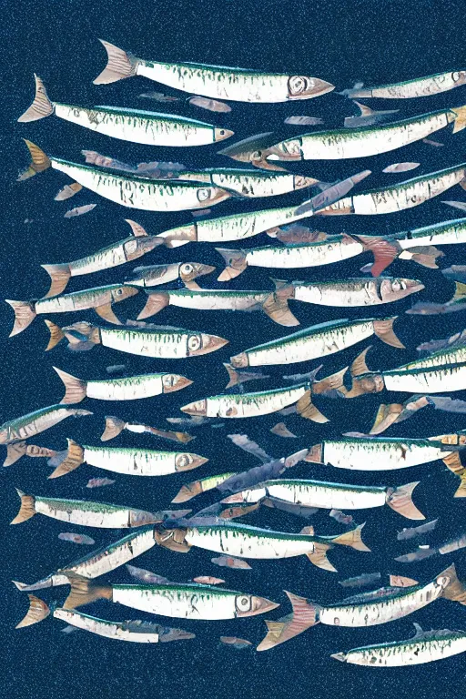 Image similar to a beautiful vector graphic illustration of a school of mackerel, 8 k, frostbite 3 engine, cryengine, dof, trending on artstation, digital art by robert gibbings, crepuscular ray