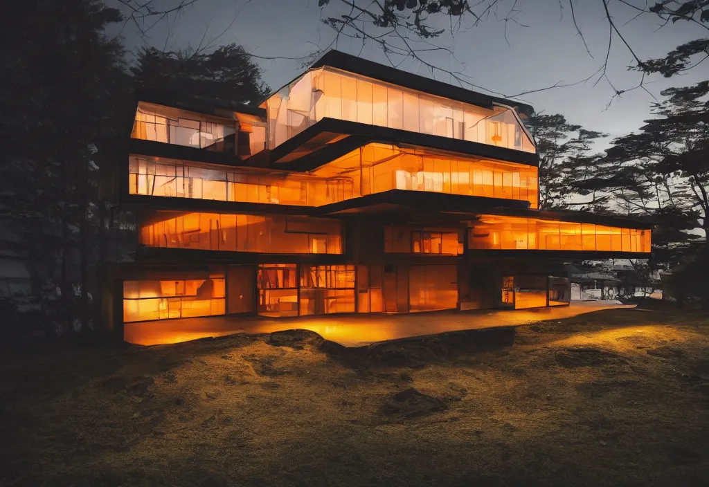 Image similar to photo of the exterior of a futuristic organic japanese house, dramatic lighting, black and orange colour palette, wide angle shot, archviz