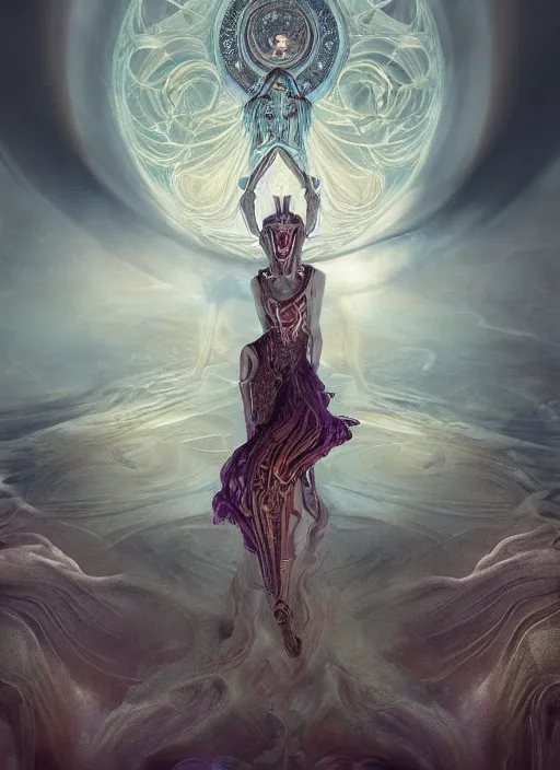 Image similar to epic portrait of menacing and anxious yet stunningly beautiful biomechanical djinn overseeing the iridescent fabric of time and space, by charlie bowater, mandy jurgens, gustav klimt, octane render, dramatic camera angle, 4k, 8k, high detail, HDR, by tom bagshaw, powerful, with inspiration from Beksinski, inspired by greek goddess Athena