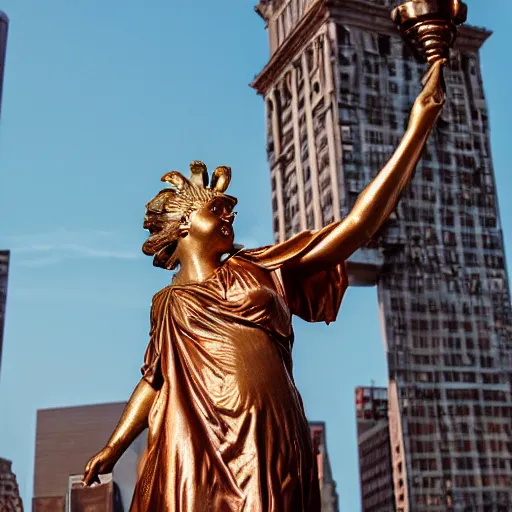 Prompt: A color photo of a colossal 1880s neoclassical oxidized copper sculpture of the robed Roman liberty goddess, Libertas, clutching a tablet in one hand and lifting a golden torch with her other. She wears a radiate diadem upon her head. Outdoors, against a very distant New York skyline.