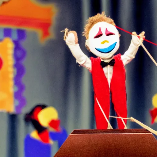 Image similar to puppet show with a puppeteer using a string marionette of a president with clown makeup in a podium