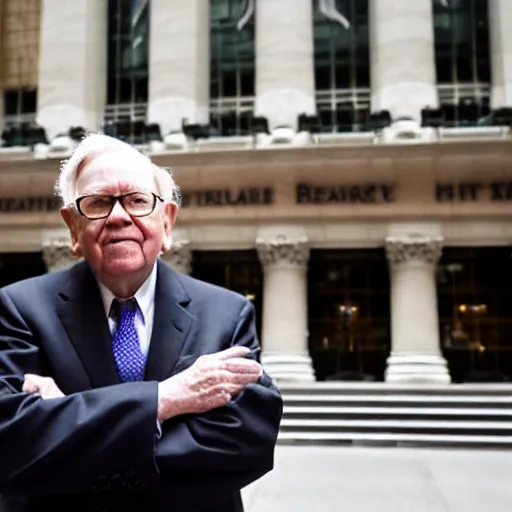 Image similar to warren buffet as a kristy creme standing outside wall street stock exchange, reality, realistic, detailed, 8 k, award winning, wide shot,