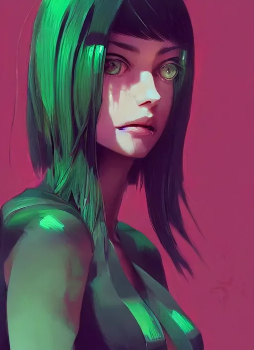 Image similar to a beautiful woman with green weyes lookign directly at the camera, bright colors, highly detailed, concept art, matte, trending on artstation, anime, art by wlop and artgerm and greg rutkowski, ilya kuvshinov, strong strokes,