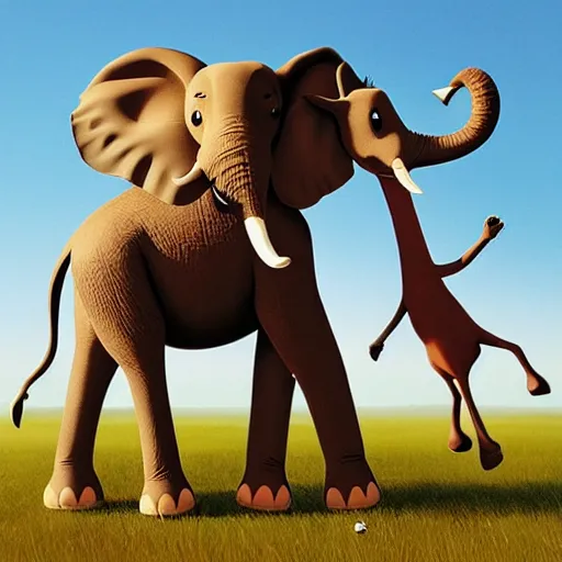 Image similar to cute elephant and giraffe playing with each other, artwork by goro fujita,