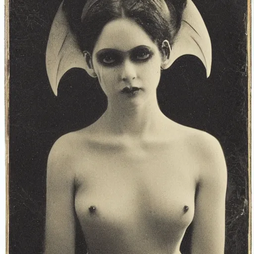 Prompt: a beautiful portrait of a pretty demonic succubus woman with a symmetrical and gorgeous but delicate face, XIX century photo , well and symmetrically composed, gloomy and dreamy