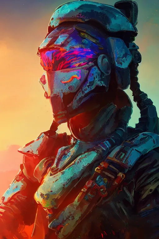 Image similar to combination suit armor aloy horizon forbidden west horizon zero dawn radiating a glowing aura global illumination ray tracing hdr fanart arstation by ian pesty and alena aenami artworks in 4 k tribal robot ninja mask helmet backpack