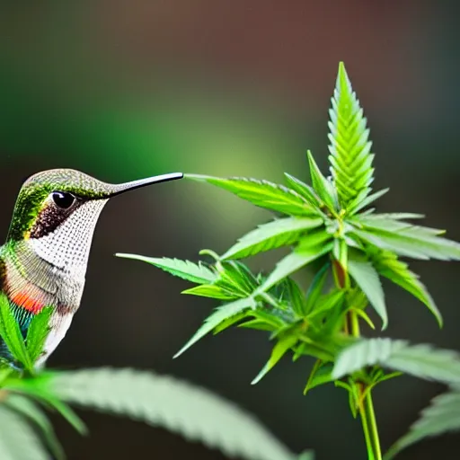 Image similar to beautiful hummingbird drinking from a marijuana plant, wildlife photography, highly detailed, high quality, 8 k, soft lighting,