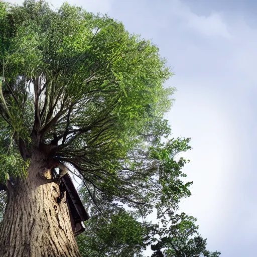 Image similar to a house with a tree growing on it's roof, the photo was taken from the ground looking up at the tree, realistic, ultra high detail, ambient lighting, 8k.