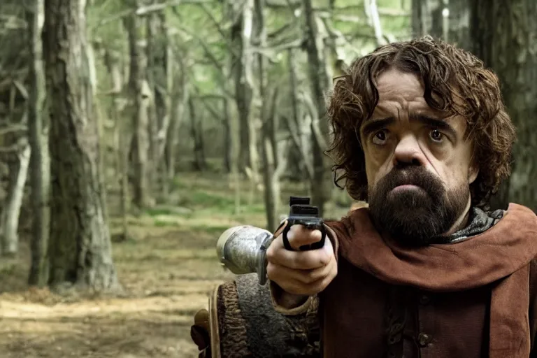 Prompt: peter dinklage shooting lighting as a wizard, movie still, from the new blair witch project movie, 8 k, realistic