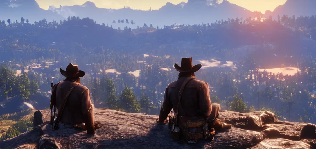 Image similar to Arthur Morgan from Red Dead Redemption 2 sitting at the top of a rocky mountain looking at a beautiful sunrise in the distance