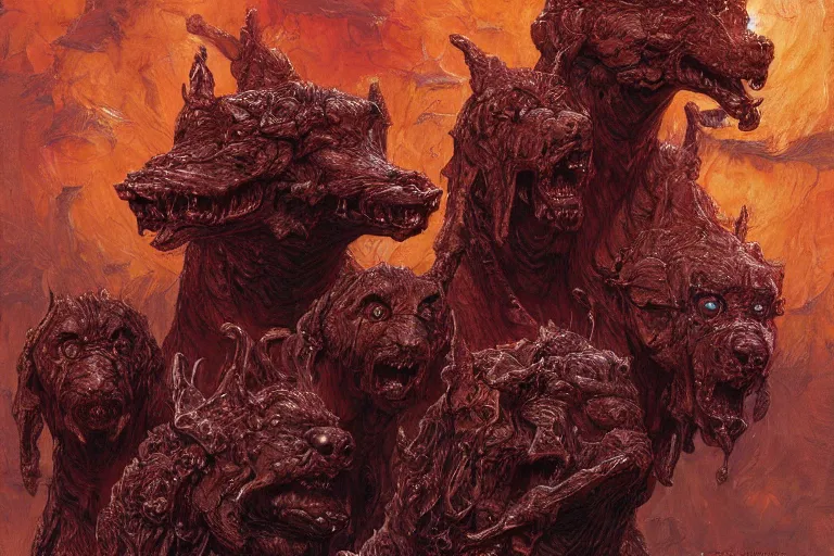 Image similar to cerberus hyperdetailed photo of a cerberus by ed binkley, wayne barlowe, ilya repin, alex horley, johfra bosschart, craig mullins, three head one body, cerberus, details