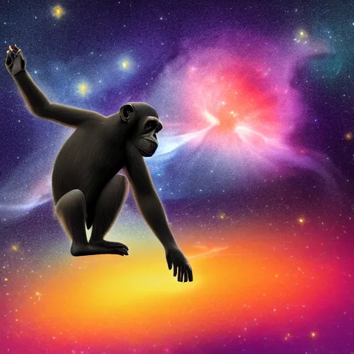 Image similar to A chimpanzee floating through outer-space, reaching out and touching a nebula with its finger, digital art, 8k