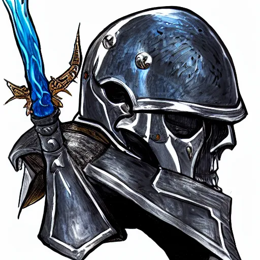 Prompt: armored knight wearing skull shaped helmet with blue flaming eyes, dungeons and dragons illustration