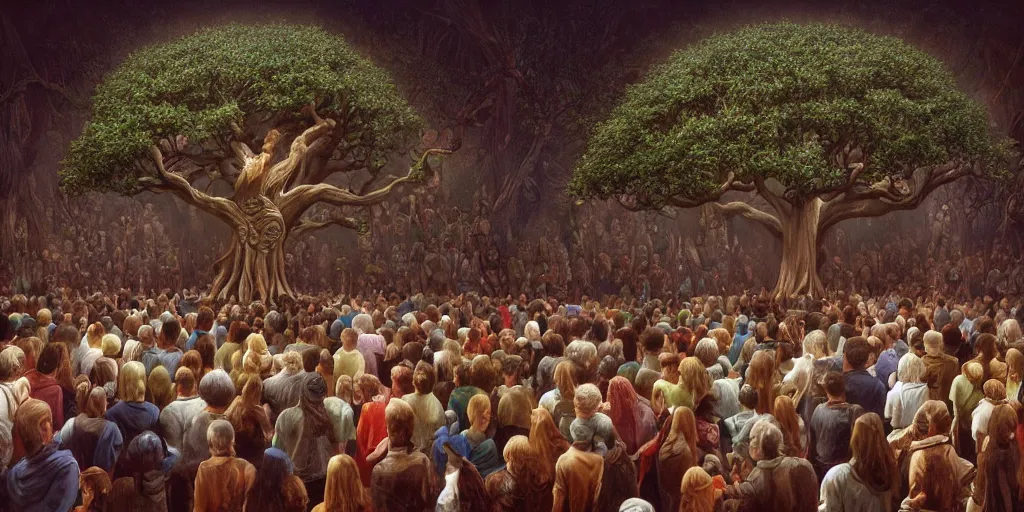 Image similar to crowd mourning for the death of the tree of life Michael Whelan by Jeff Easley photorealistic by Edmonia Lewis, cinematic, coherent, realistic faces, clear, detailed, intricate, dramatic lighting, establishing shot, 8k resolution