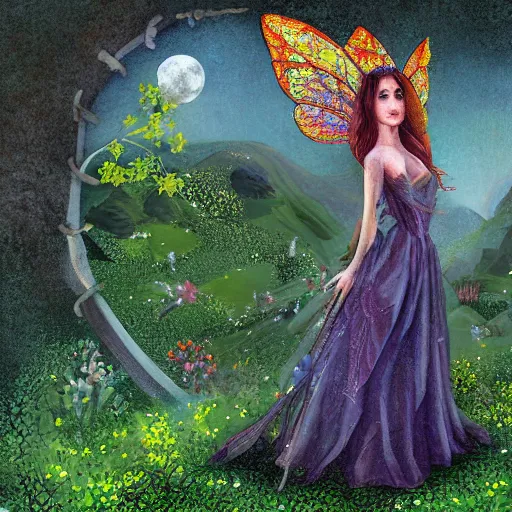 Image similar to fairy on a medieval land, lunarpunk, digital art