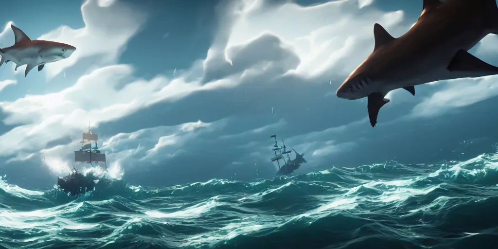 Prompt: a shark flying in the sky in a rough sea, sea of thieves style, unreal engine, cinematic, waves, fog, clouds, rain