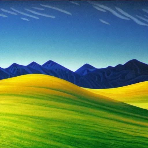 Image similar to windows xp bliss wallpaper in the style of lawren harris