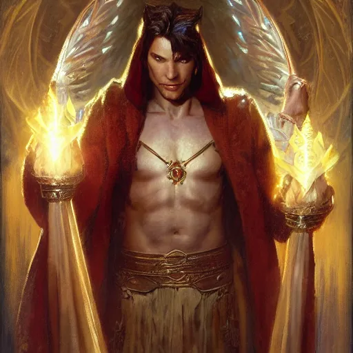 Prompt: attractive male deity casts light spell, summons attractive male lucifer morningstar. highly detailed painting by gaston bussiere, craig mullins, j. c. leyendecker 8 k