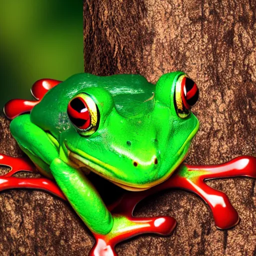 Prompt: a green frog with red paws sits on a tree in a tropical forest, photorealistic, close - up
