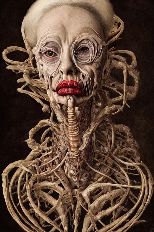 Image similar to Detailed maximalist portrait of a beautiful old woman with large lips and eyes, scared expression, botanical skeletal with extra flesh, HD mixed media, 3D collage, highly detailed and intricate, surreal illustration in the style of Caravaggio, dark art, baroque, centred in image