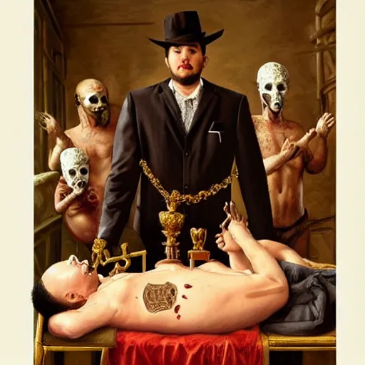 Image similar to hyper realistic painting of a handsome man symmetrical, sitting in a gilded throne, tubes coming out of the man's arm with blood, getting a blood transfusion from a baby, bloody ivs, plague doctor in the background created by wes andersson