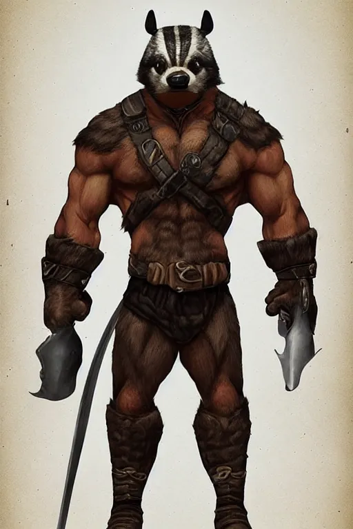 Image similar to anthropomorphic muscled badger warrior, Artstation