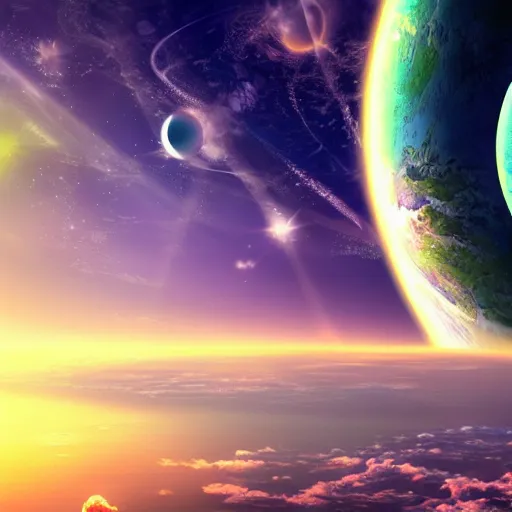 Image similar to anime style hd wallpaper of outer space with a view of a blue and green planet below