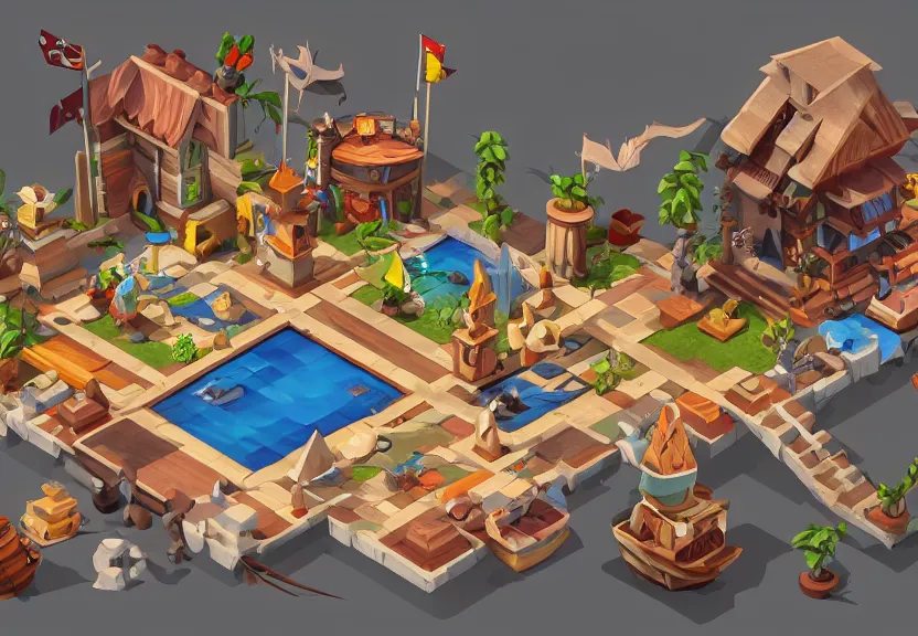 Image similar to isometric chubby 3 d game level, based on pirate kings, with detailed, clean, cartoon, octane render, unreal engine, artgerm, artstation