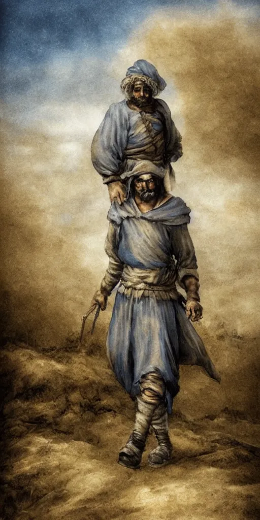 Image similar to Goya medieval peasant walking by a Luis royo background sky airbrush art