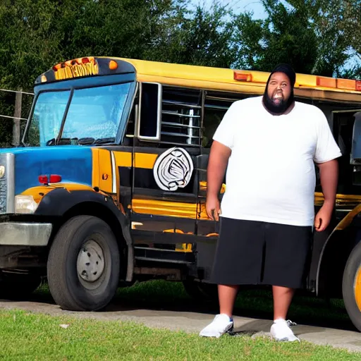 Image similar to overweight african american male school bus driver with dreads, wearing shorts with chubby legs, big moe, symmetric face, photo