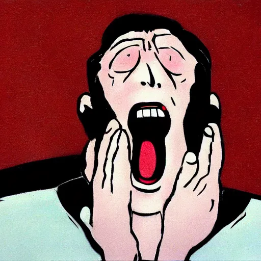 Image similar to an angry man yells at his computer monitor, in the style of the scream