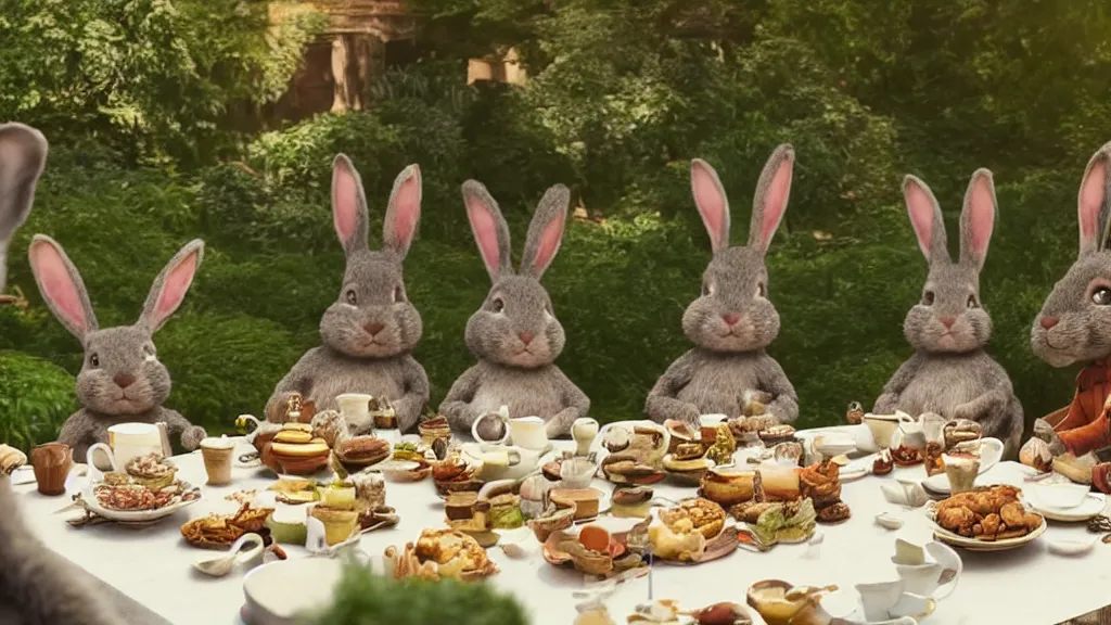 Image similar to film still from the movie chappie outdoor park plants garden scene bokeh depth of field several figures sitting down at a table having a delicious grand victorian tea party crumpets furry anthro anthropomorphic stylized rabbit bunny big chungus