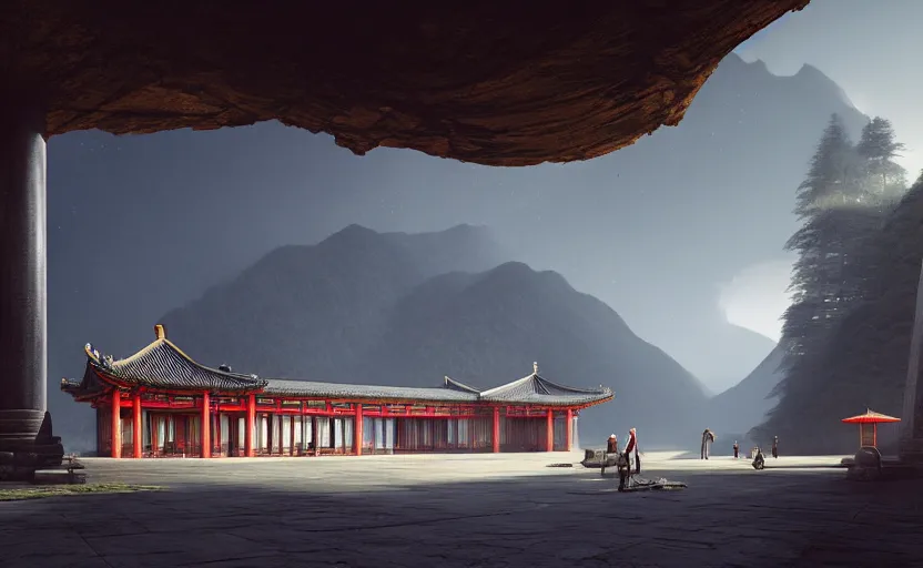 Prompt: exterior shot of utopian train station on in the middle of an ancient chinese temple hill with cinematic lighting by peter zumthor and renzo piano, darek zabrocki and greg ruthkowski, simon stalenhag, cinematic, holy place, paradise, scifi, futurism, atmospheric, concept art, artstation, trending on artstation